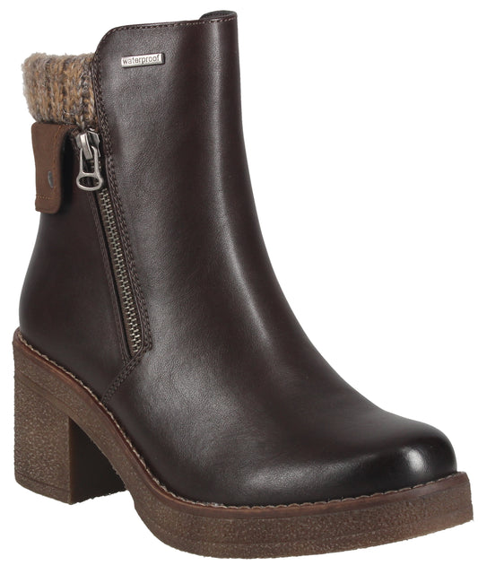 Brown leather ankle boot with a sweater-knit cuff and block heel. "waterproof" is printed near the zipper.