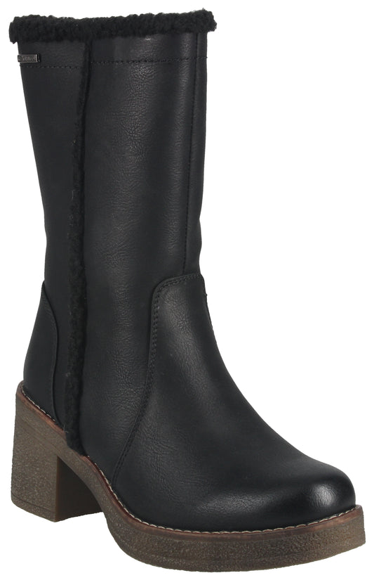 Black leather knee high boot with chunky heel and furry trim.