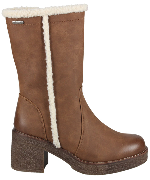 Mid-calf brown boot with a block heel and a faux fur lining.