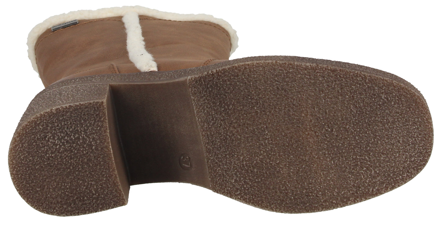 Bottom view of brown boot with textured sole and furry white trim.