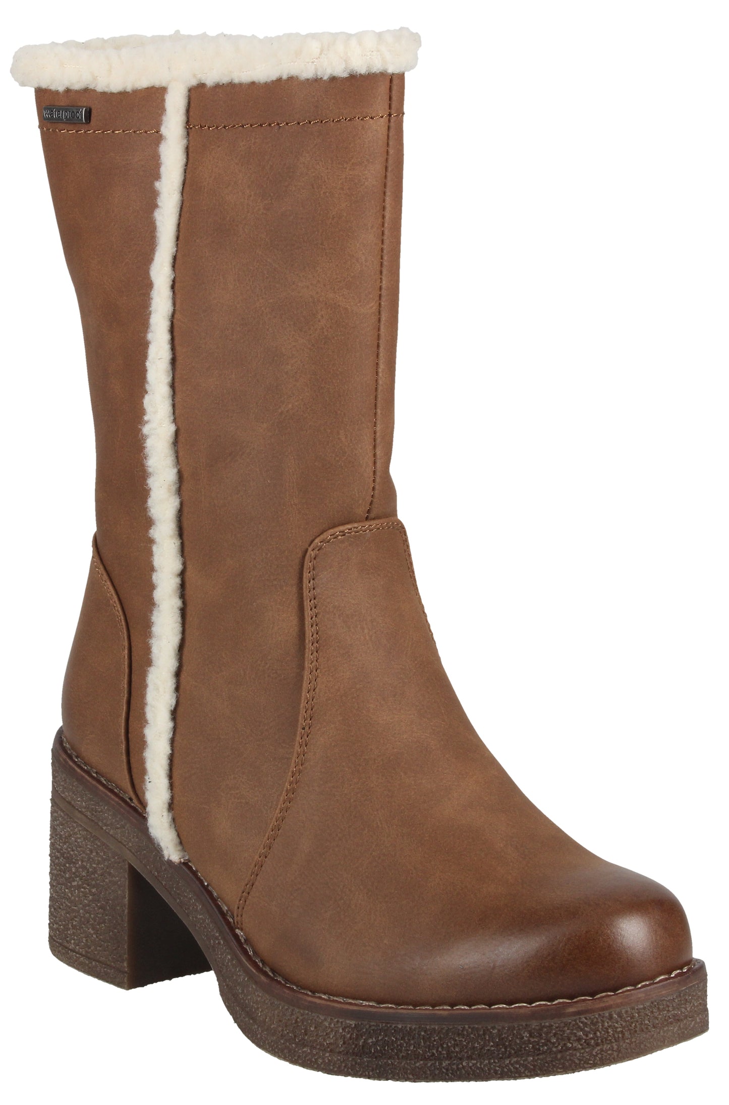 Mid-calf brown leather boot with a fur lining.