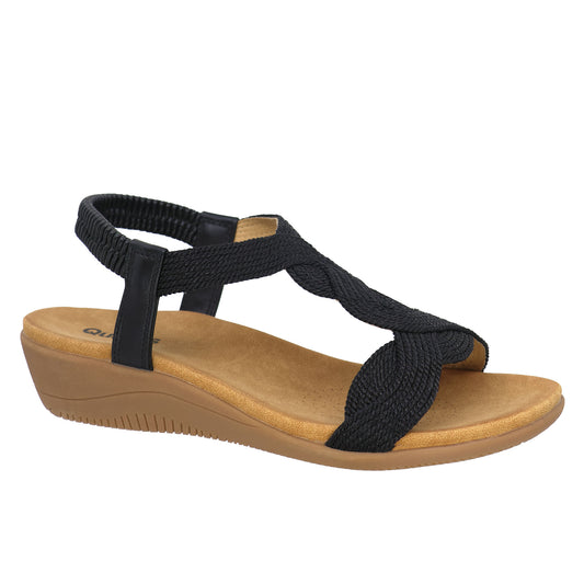 Black sandal with a braided strap and elastic back.