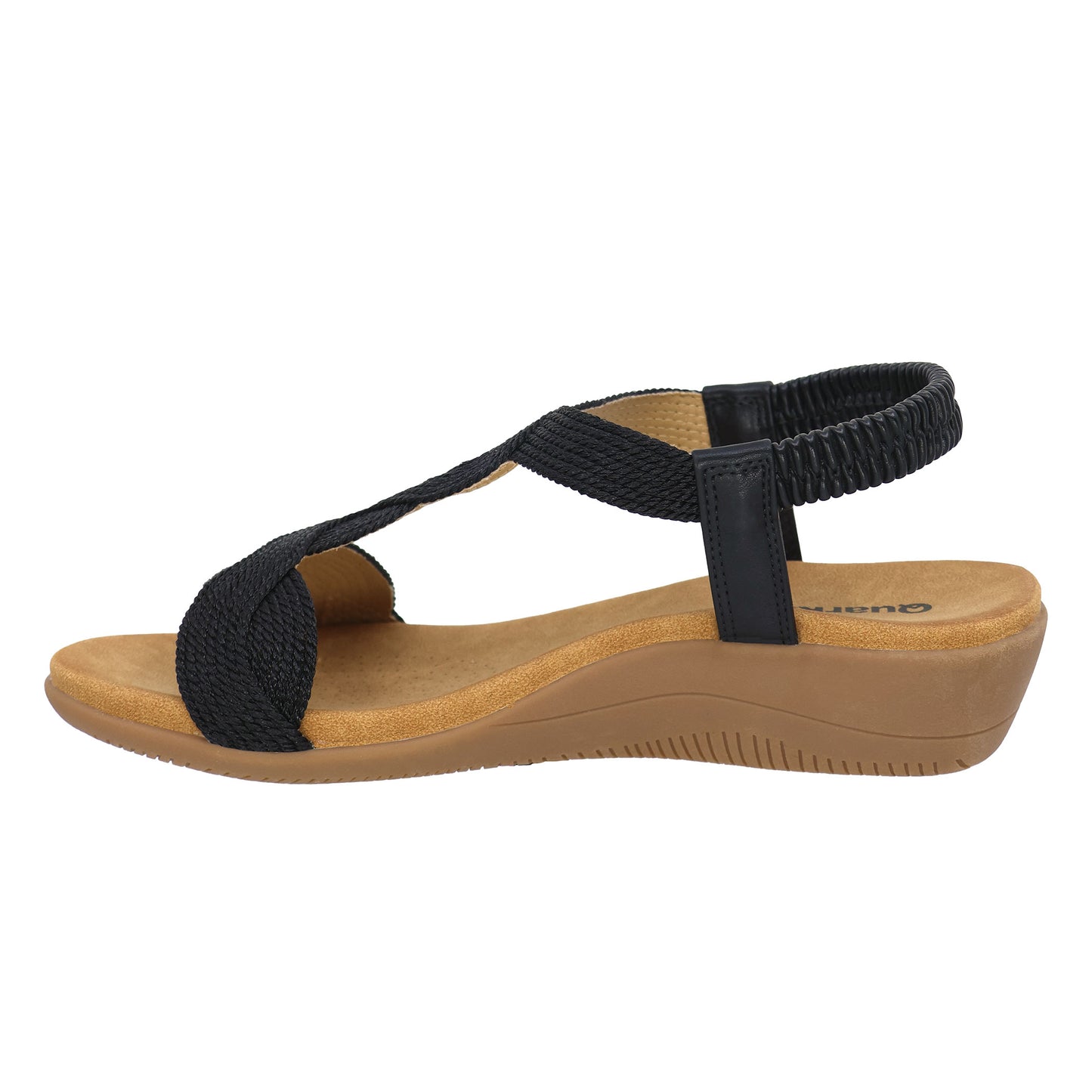 Black sandal with t-strap and elastic heel strap.