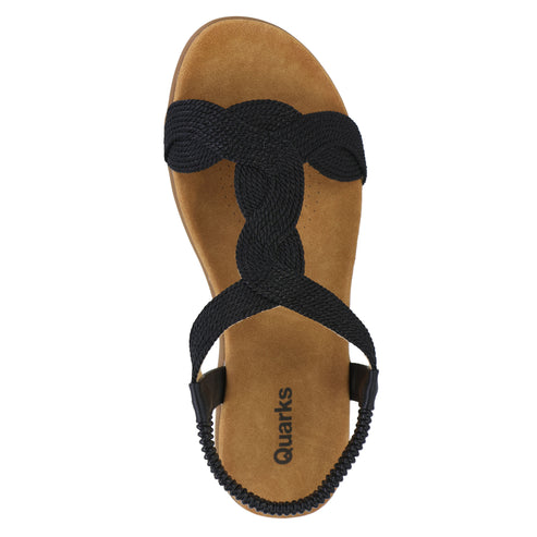 Black T-strap sandal with braided straps and the word "Quarks" on the footbed