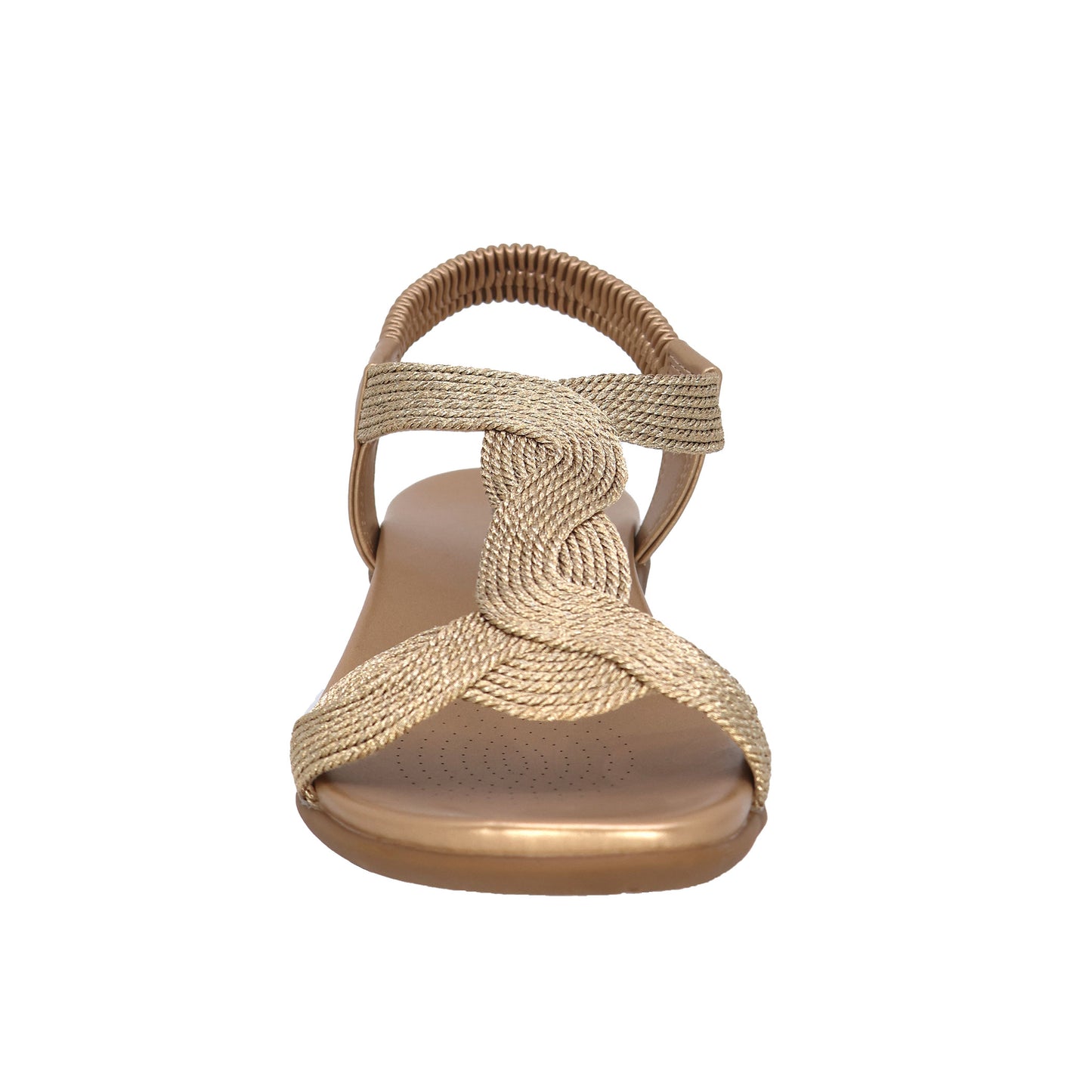 Gold sandal with braided straps and an elastic back.