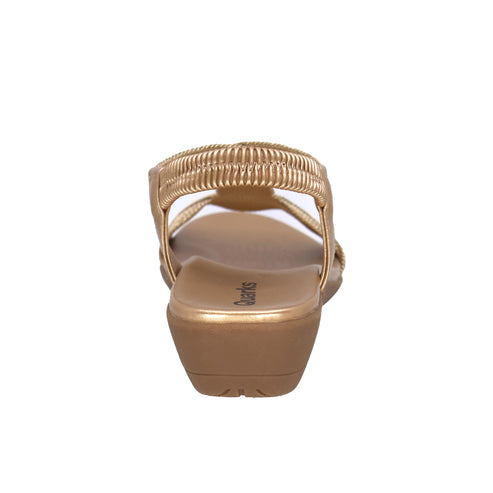 Gold slip-on sandal with multiple straps.