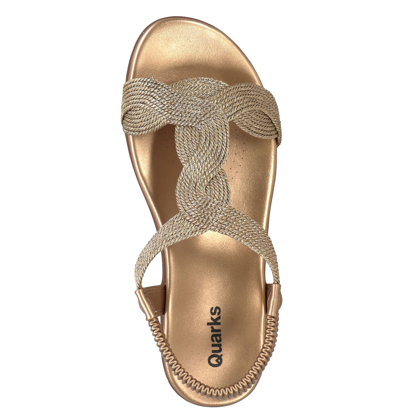 Braided strap gold sandal with elastic heel strap and "Quarks" logo.