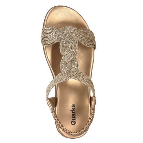 Braided strap gold sandal with elastic heel strap and "Quarks" logo.