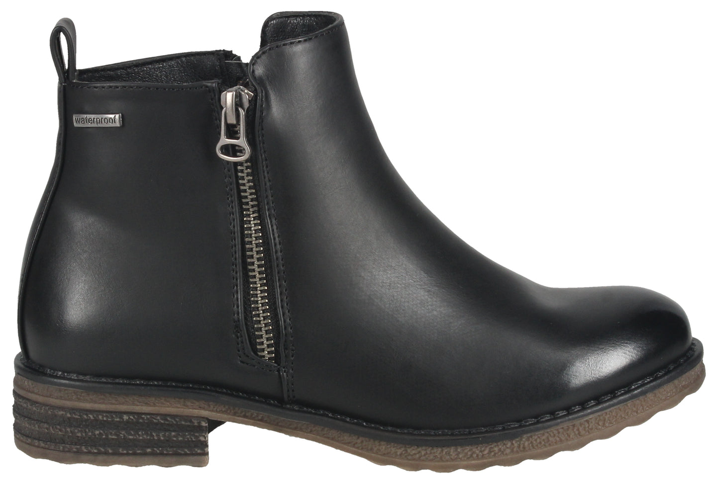 Black ankle boot with side zipper and stacked heel