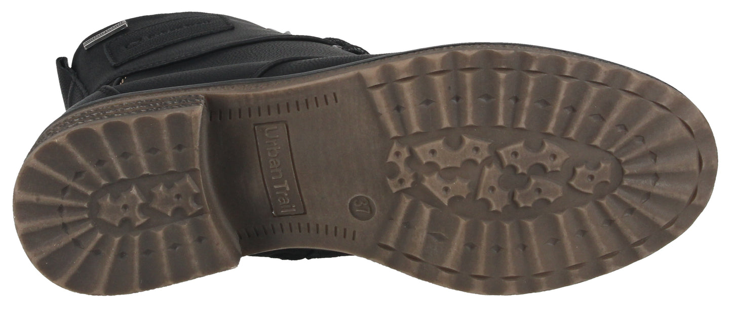 The sole of a boot featuring a textured tread pattern.