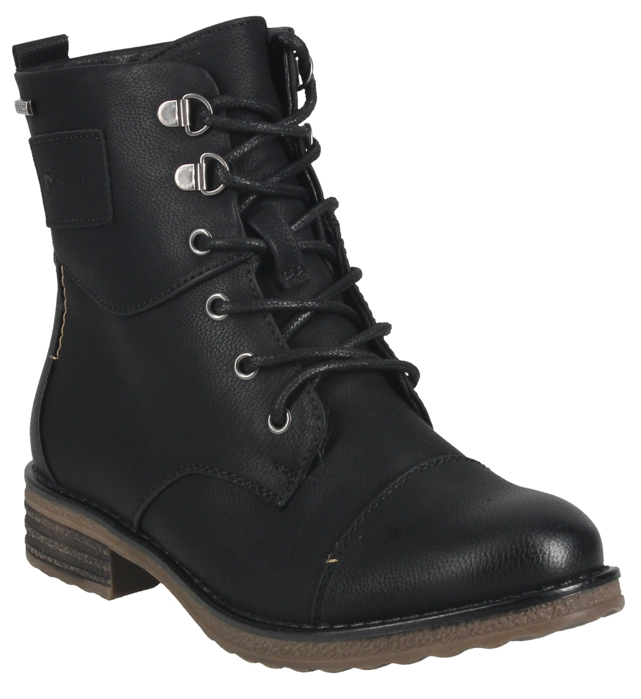 Black combat-style ankle boot with a lace-up front, metal eyelets, and a short heel.