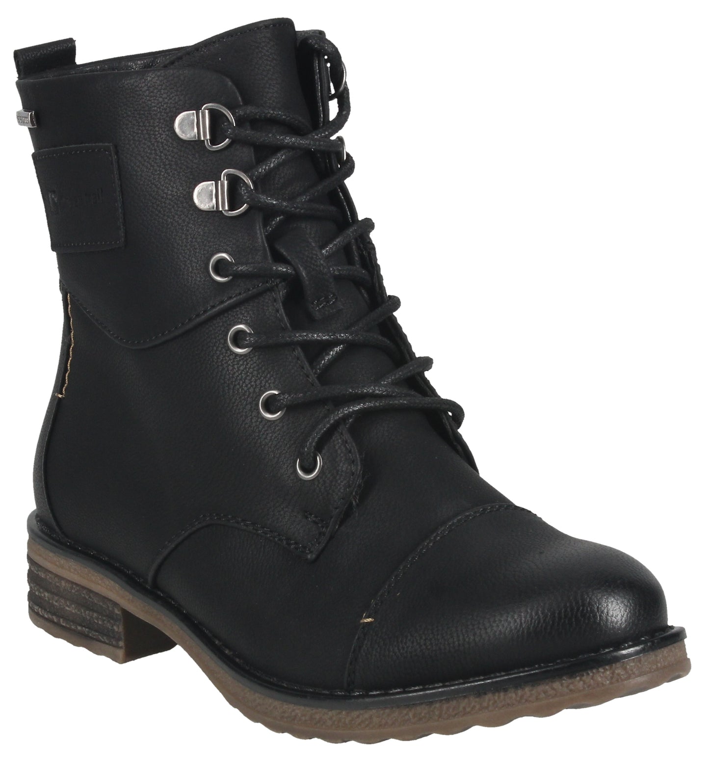Black combat-style ankle boot with a lace-up front, metal eyelets, and a short heel.