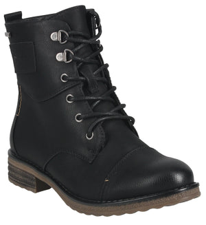 Black combat-style ankle boot with a lace-up front, metal eyelets, and a short heel.