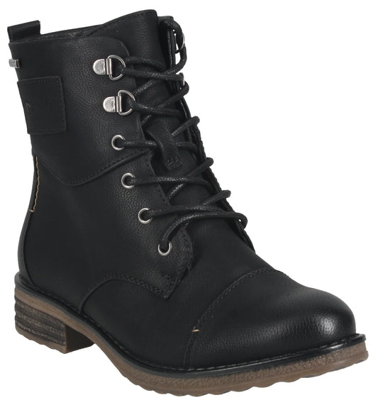 Black combat-style ankle boot with a lace-up front, metal eyelets, and a short heel.