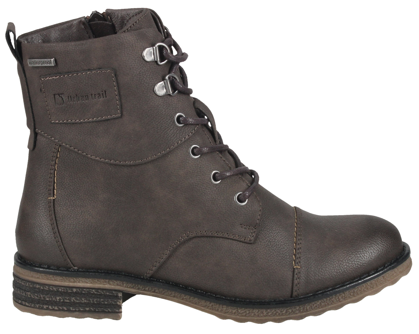 Brown lace-up ankle boot with cap toe, side zip, and silver-tone hardware, featuring a waterproof label.