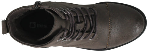 Olive-brown lace-up boot with cap toe and side zipper.