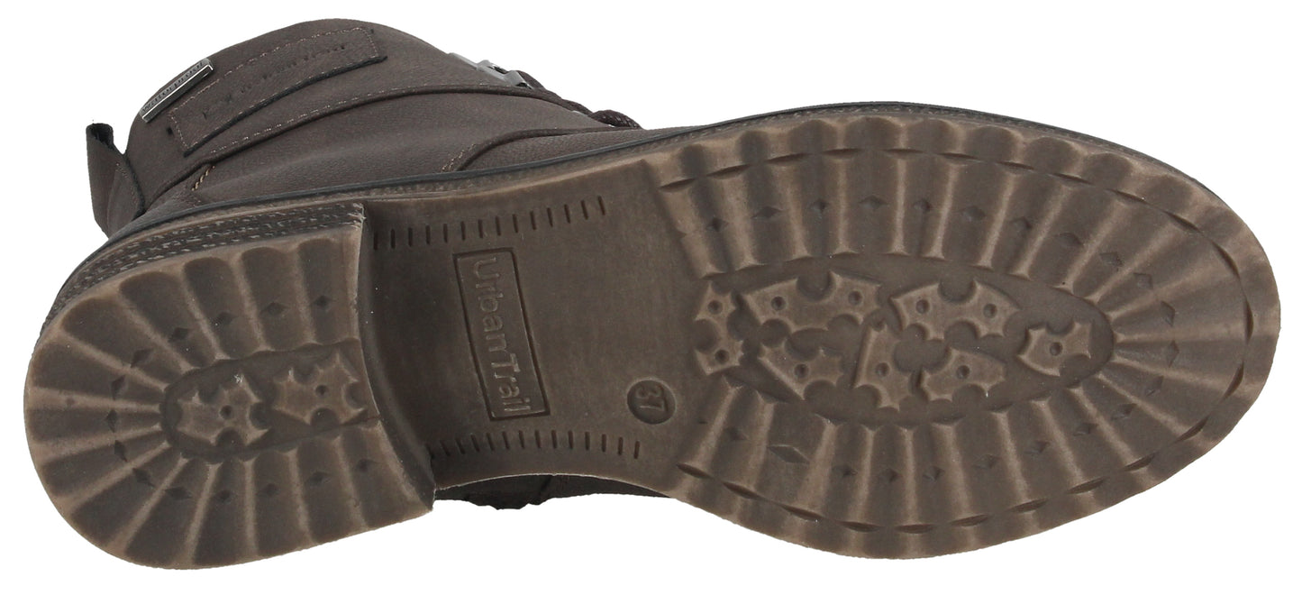 The sole of a brown lug-soled boot.