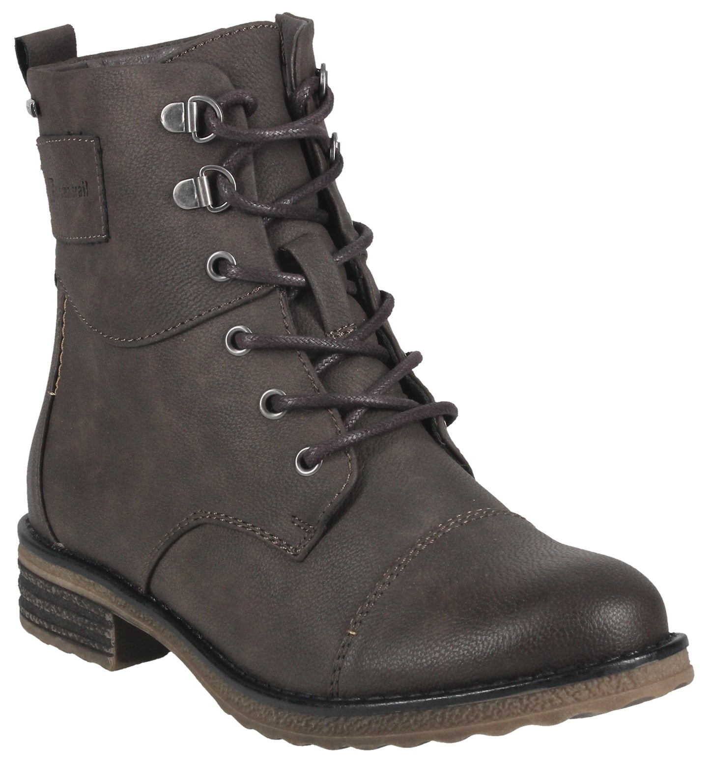 Mid-calf, gray lace-up boot with metallic D-rings.