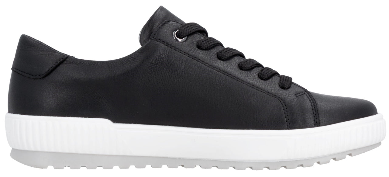 Black leather sneaker with white sole.