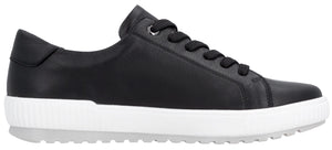 Black leather sneaker with white sole.