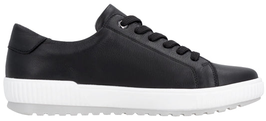 Black leather sneaker with white sole.