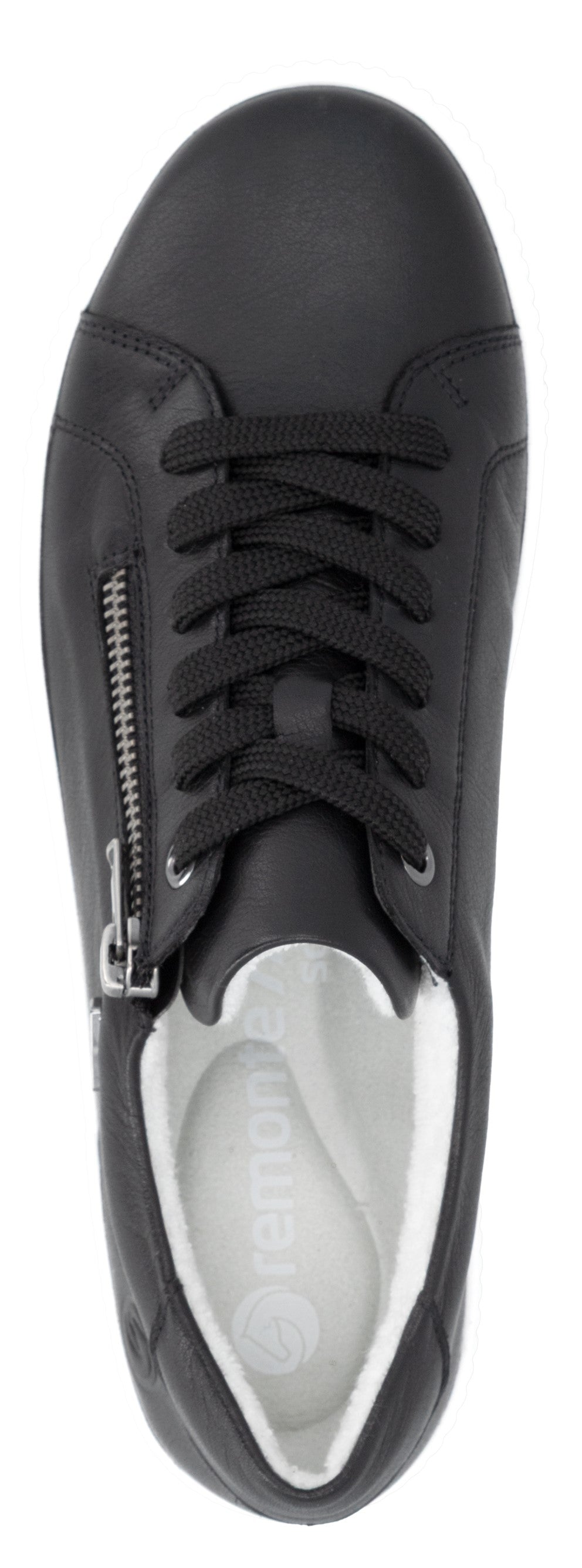 Overhead view of a black leather shoe with a zipper, and laces.