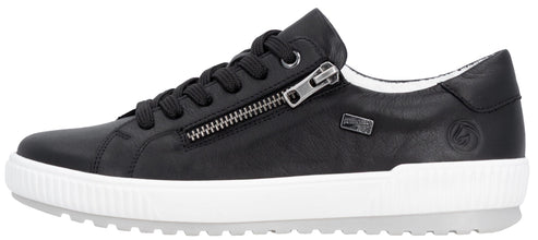 Black sneaker with laces and side zipper on a white sole.