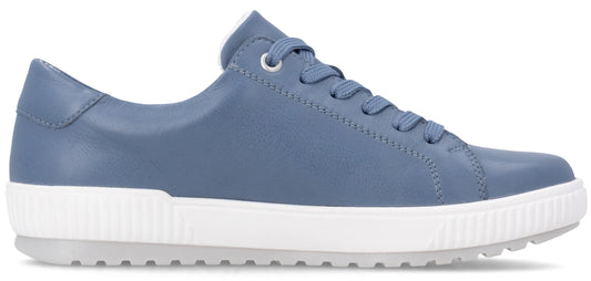 A blue leather sneaker with white laces and a white rubber sole.