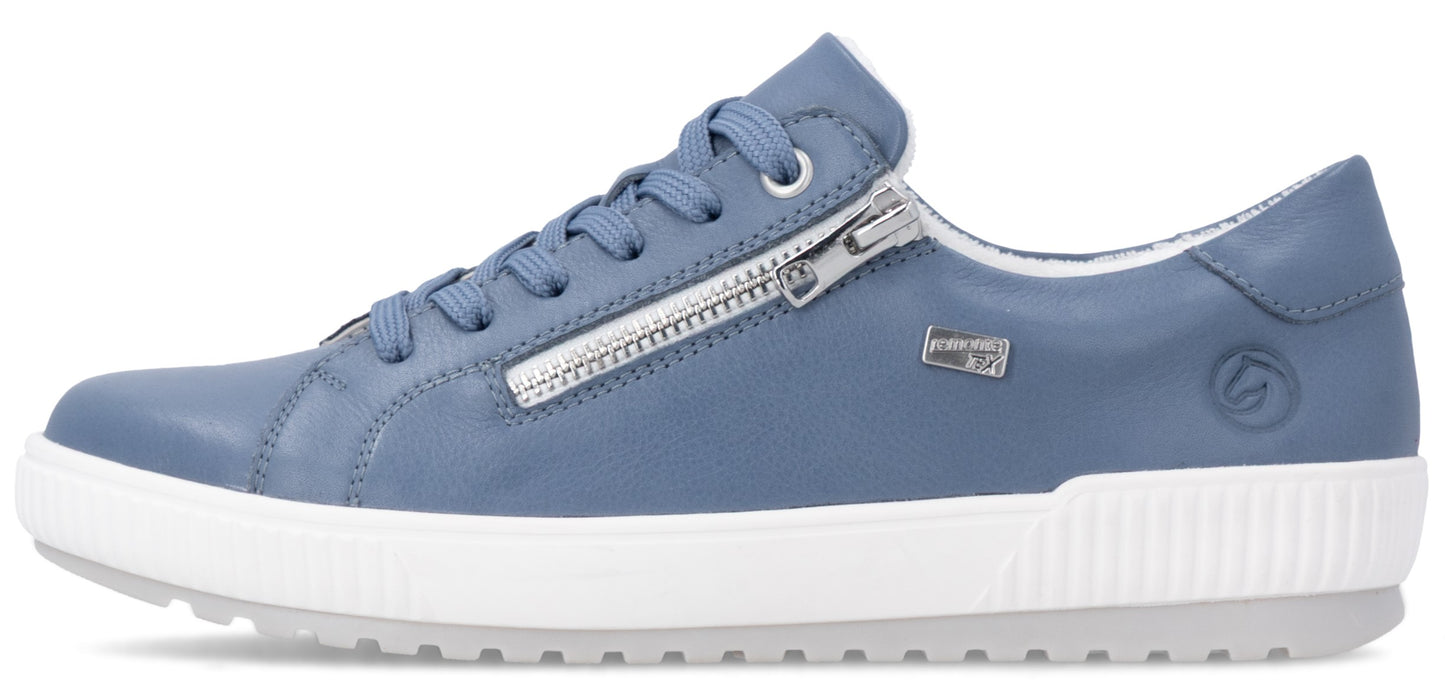 A light blue sneaker with laces and a side zipper on a white sole.