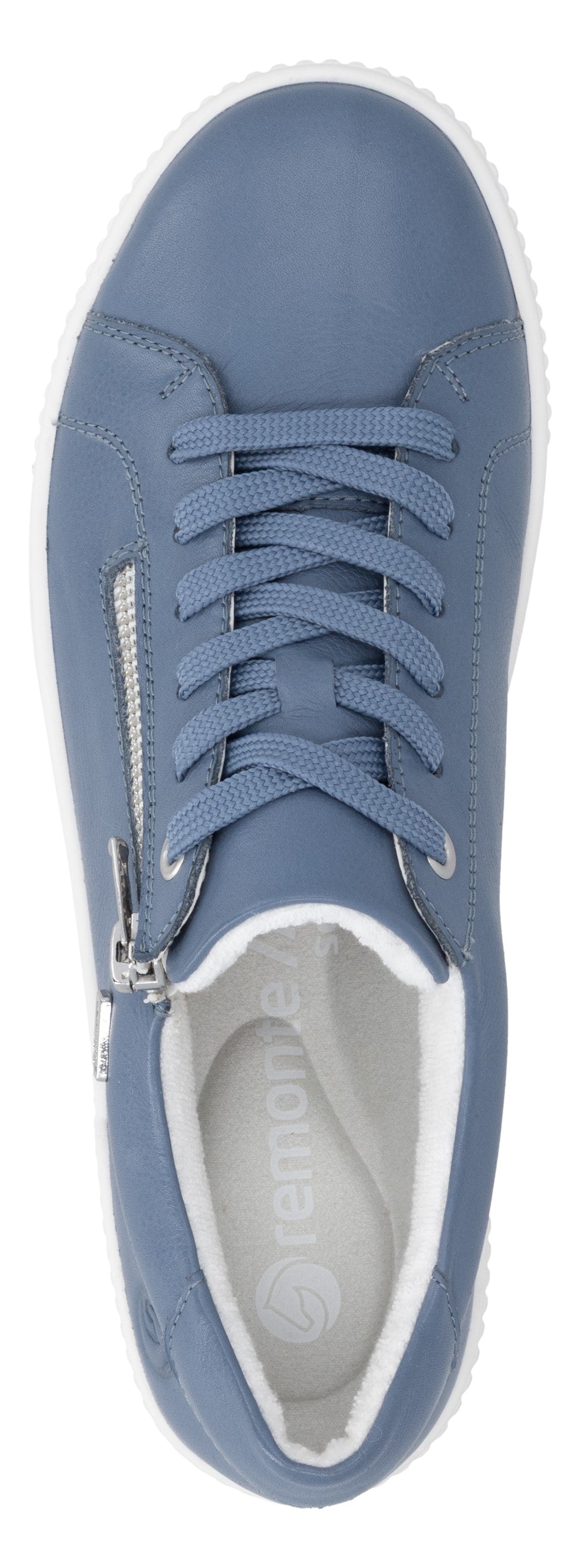 Top-down view of a blue sneaker with white sole and laces, featuring a silver side zipper.