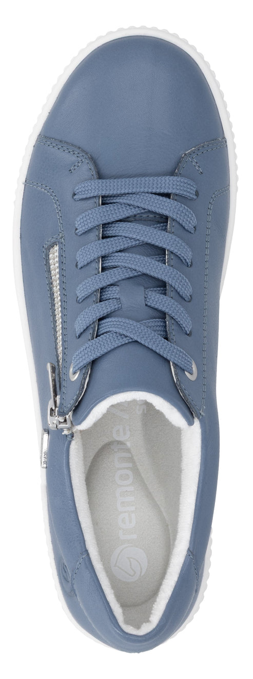 Top-down view of a blue sneaker with white sole and laces, featuring a silver side zipper.