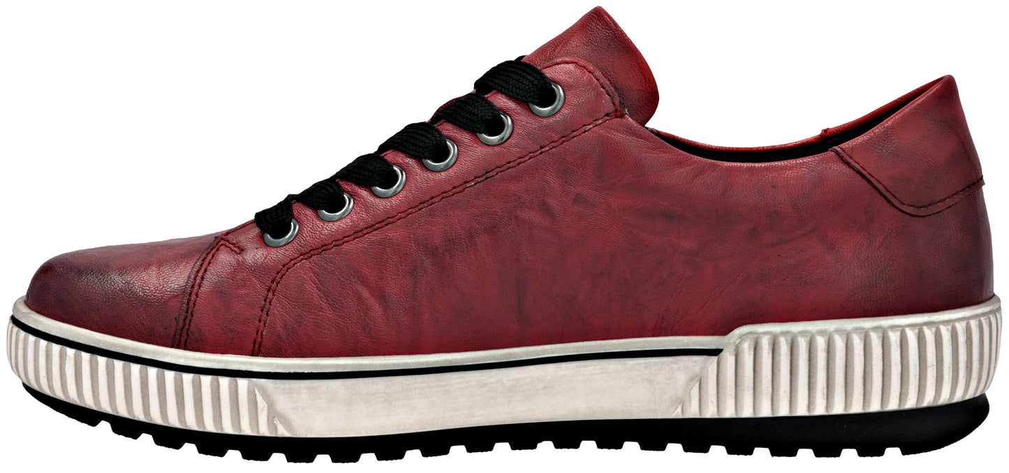A red leather sneaker with black laces and a thick white sole.