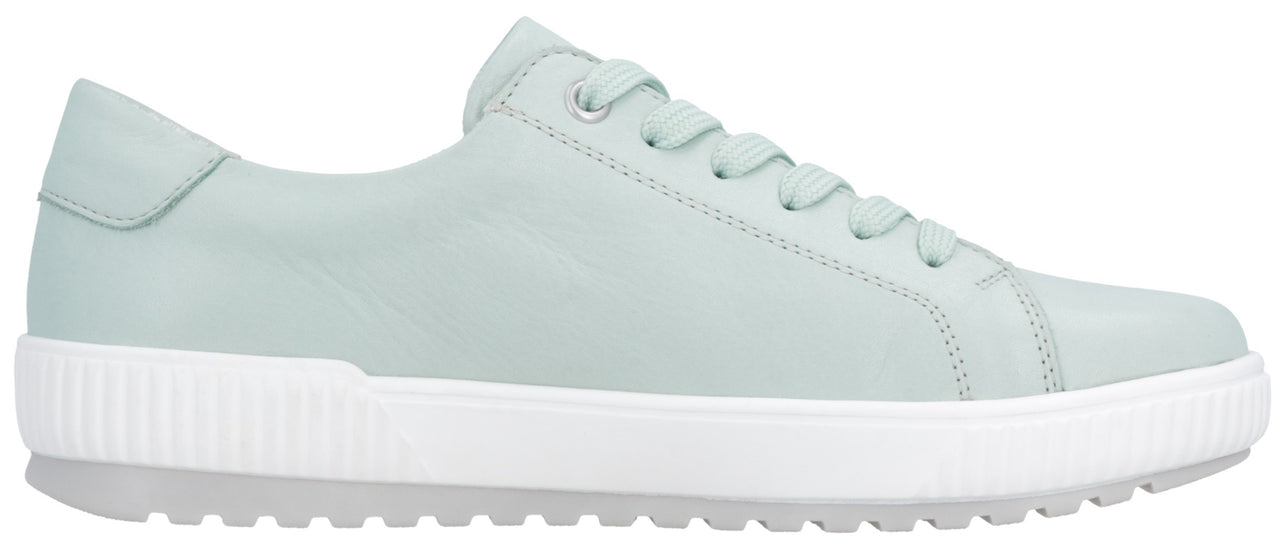 A light green leather sneaker with white sole and laces.