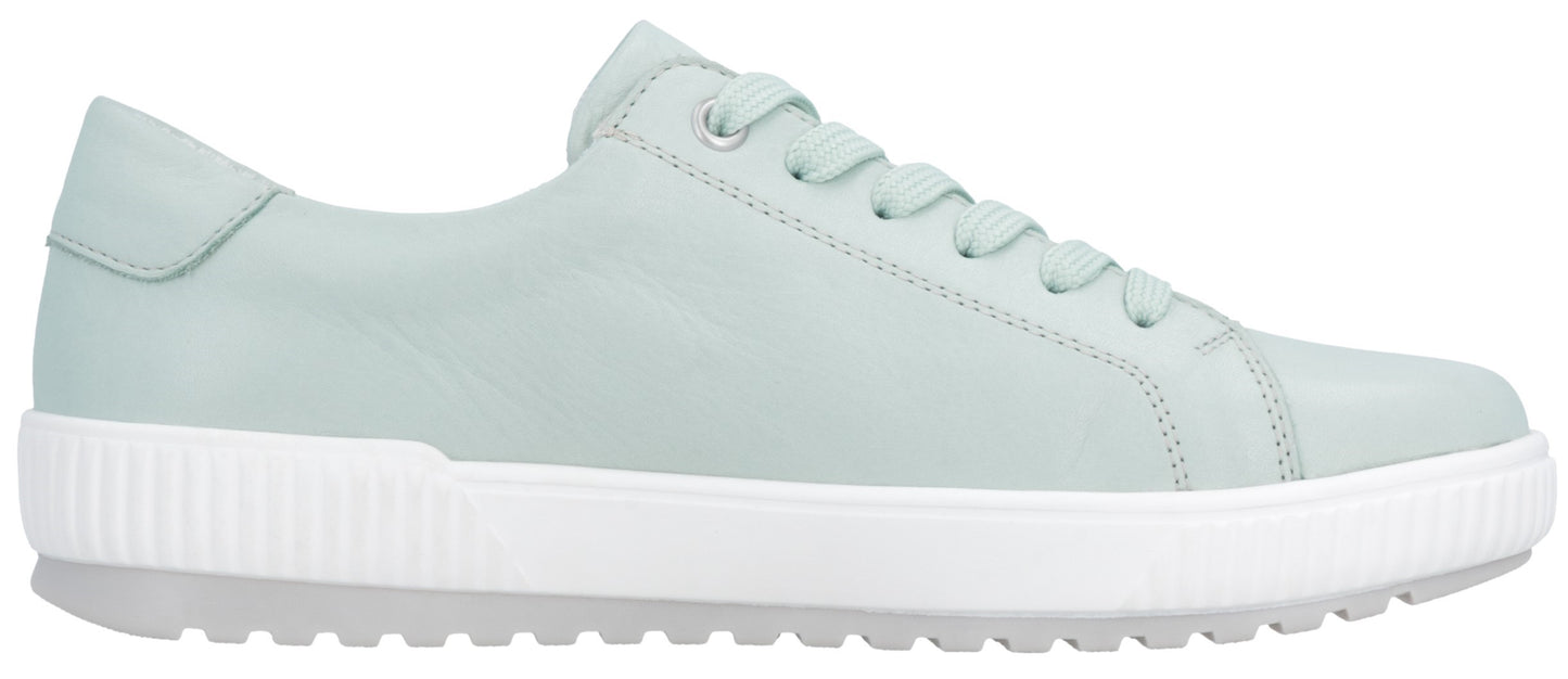 A light green leather sneaker with white sole and laces.