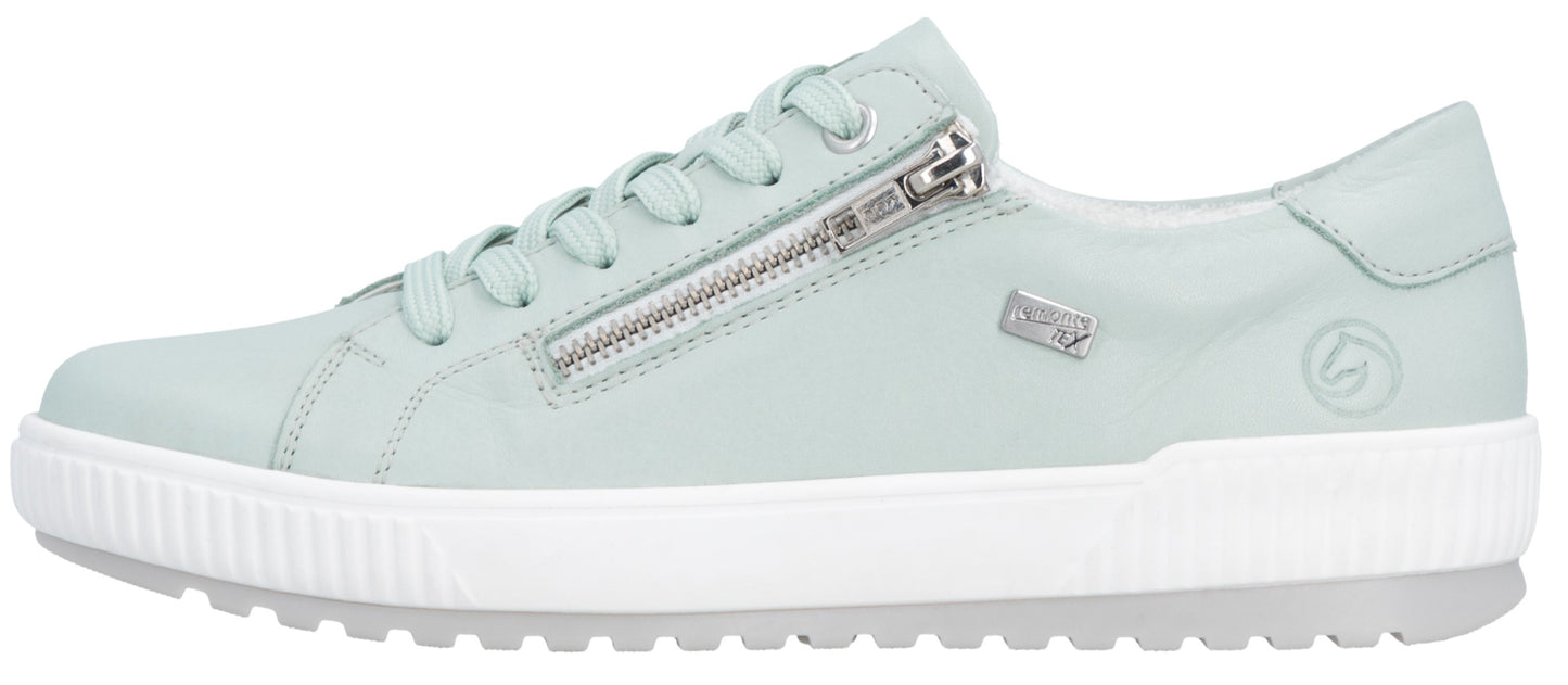 Light blue sneaker with side zipper and white platform sole.