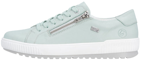 Light blue sneaker with side zipper and white platform sole.