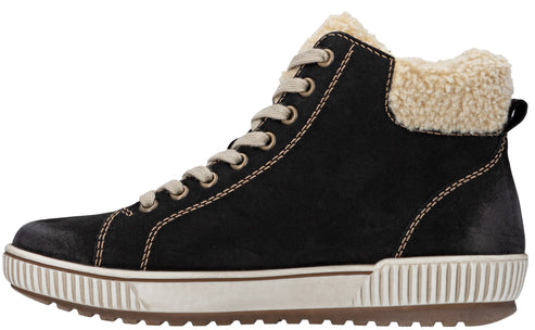 High-top black boot with beige laces and fur trim.