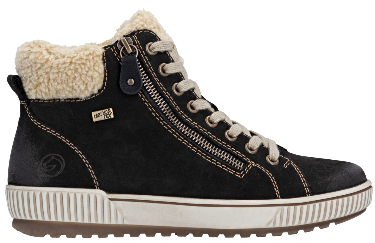 Black suede-like ankle boot with faux fur trim, lace-up closure and side zipper.