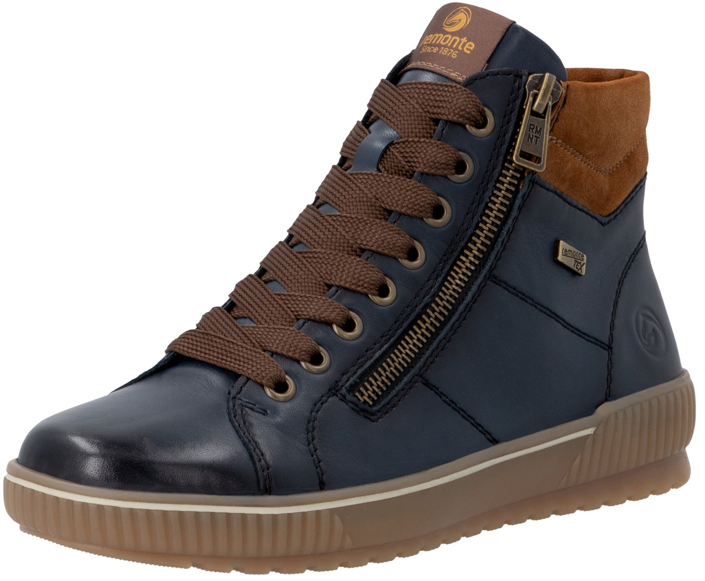 A dark blue high-top sneaker with a brown collar, brown laces, a side zipper, and a textured gum-colored sole with the text Remonte 1876 on the tongue.