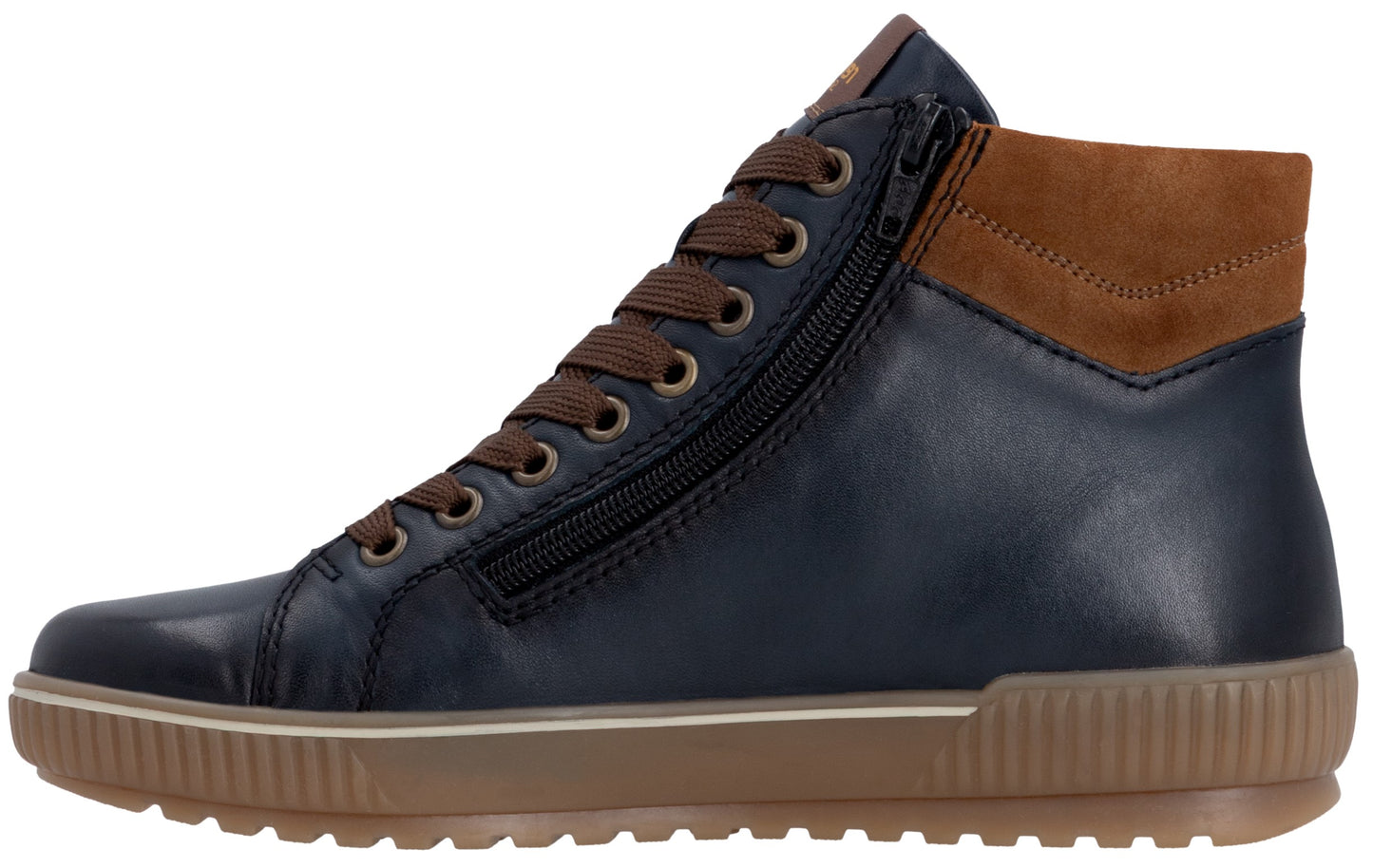 A navy blue high-top sneaker with brown laces, a brown suede collar, and a thick, textured brown rubber sole, featuring a side zipper.
