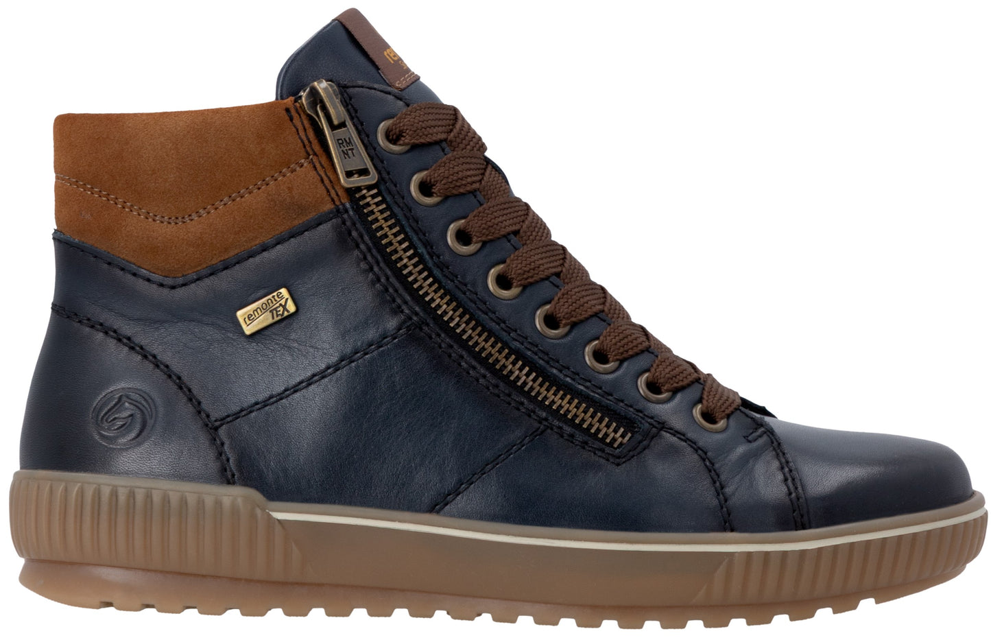 A dark navy blue ankle sneaker with a brown leather collar, side zipper closure, brown laces, and a ribbed tan rubber sole.