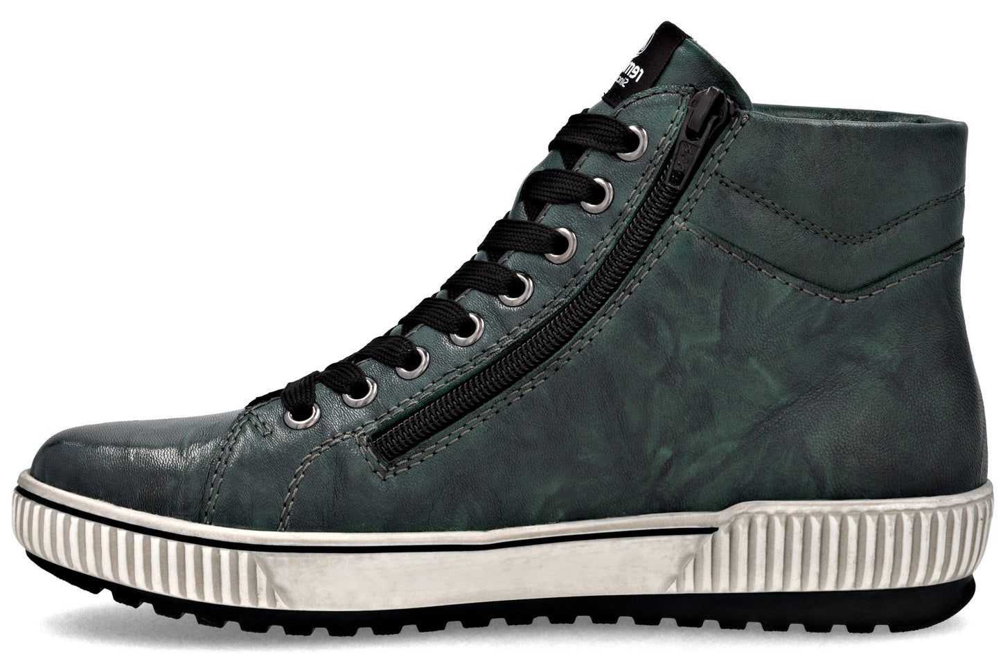High-top sneaker in dark green with black laces and white corrugated sole. The sneaker also has a black side zipper.