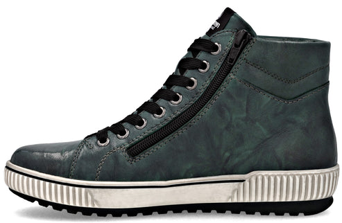 High-top sneaker in dark green with black laces and white corrugated sole. The sneaker also has a black side zipper.
