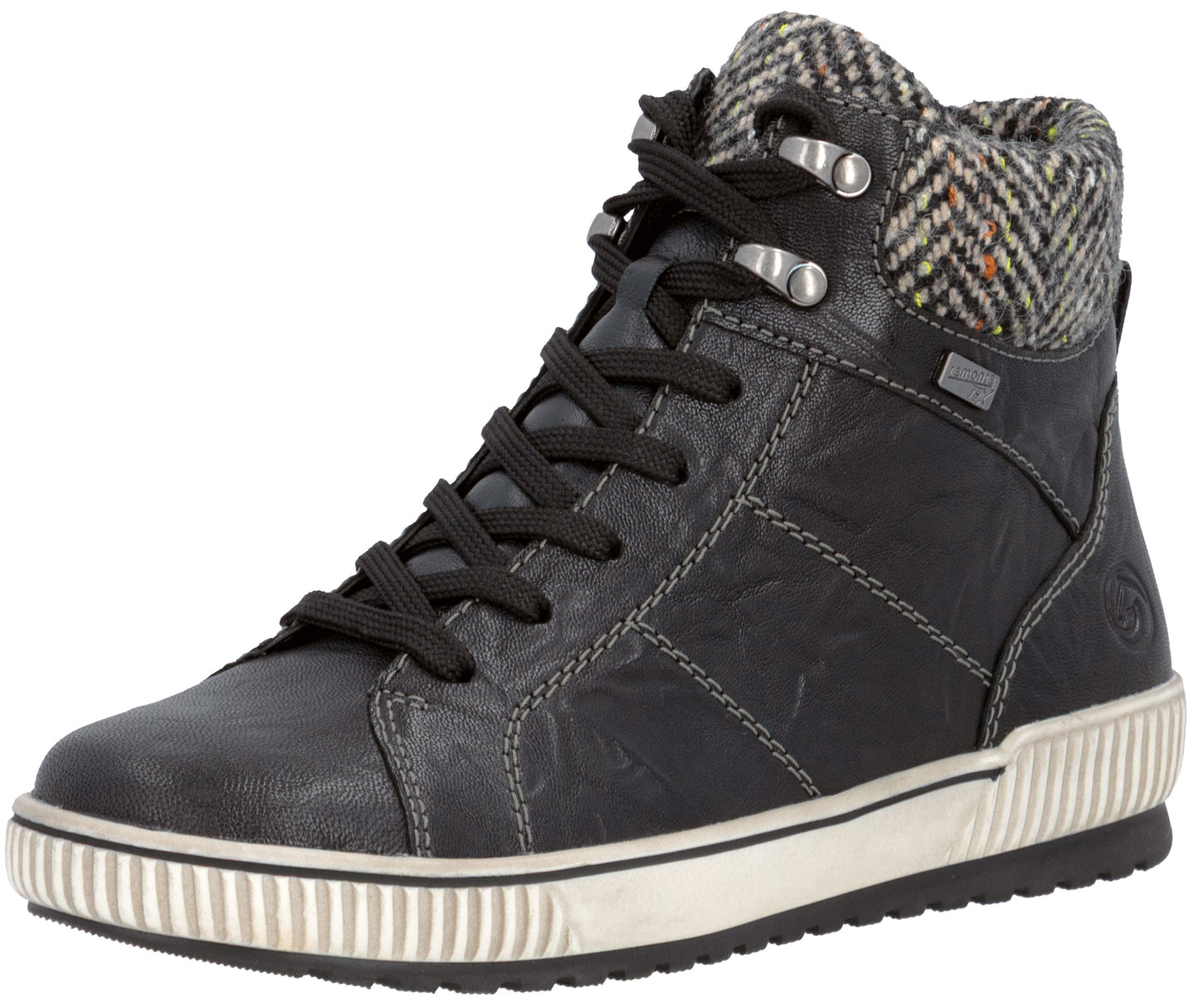 A black leather high-top sneaker with a herringbone-patterned wool collar, black laces, metallic silver eyelets, a thick white midsole with ribbed texture, and a dark brown outsole.