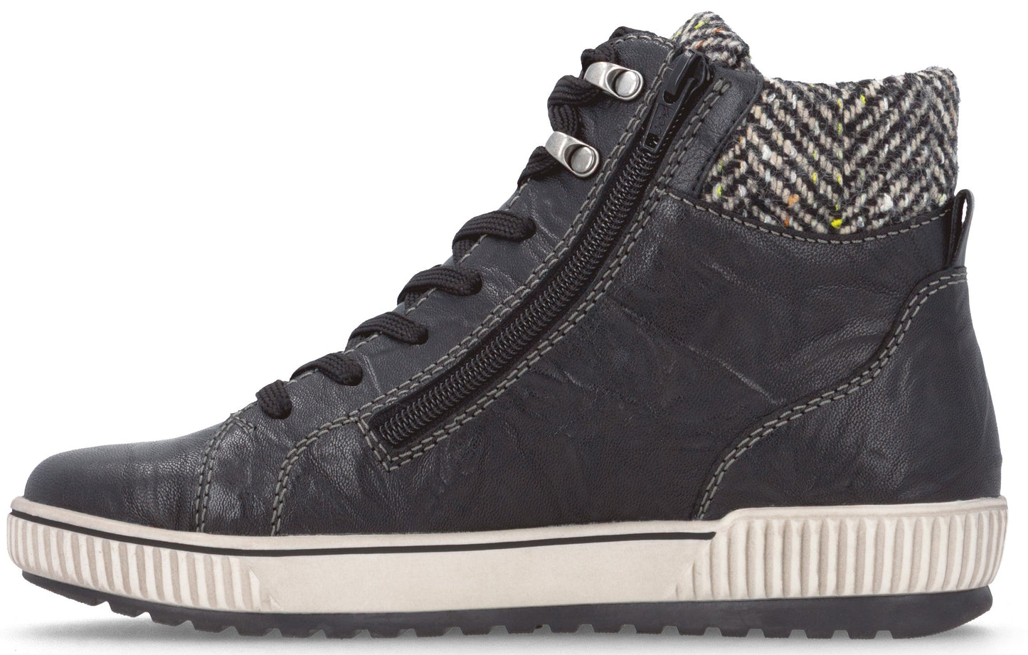 A black leather high-top sneaker with a side zipper, black laces, metallic eyelets, a tweed collar, and a thick white ribbed rubber sole.