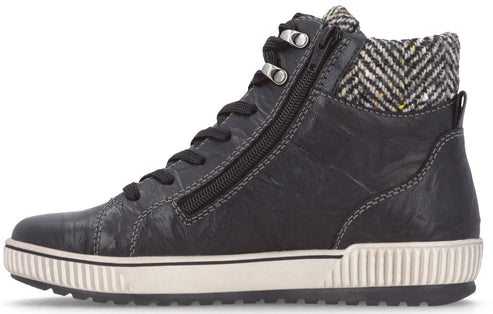 A black leather high-top sneaker with a side zipper, black laces, metallic eyelets, a tweed collar, and a thick white ribbed rubber sole.