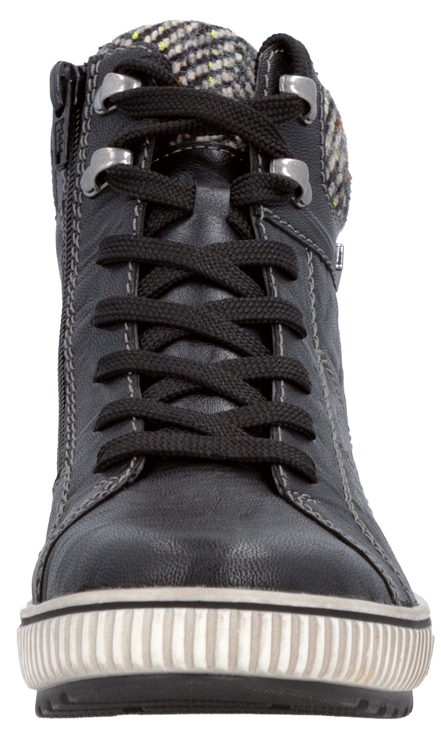 A black leather-like high-top sneaker with black laces, metal eyelets, a gray and black patterned fabric collar, and a ribbed white rubber midsole.