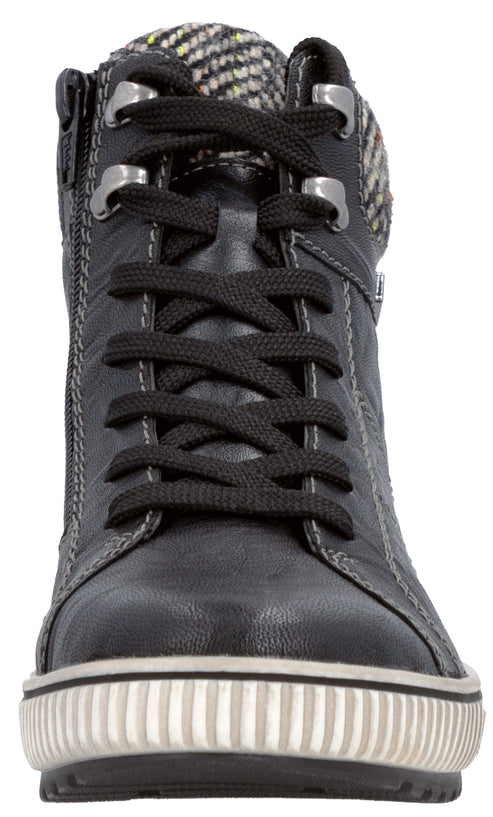 A black leather-like high-top sneaker with black laces, metal eyelets, a gray and black patterned fabric collar, and a ribbed white rubber midsole.