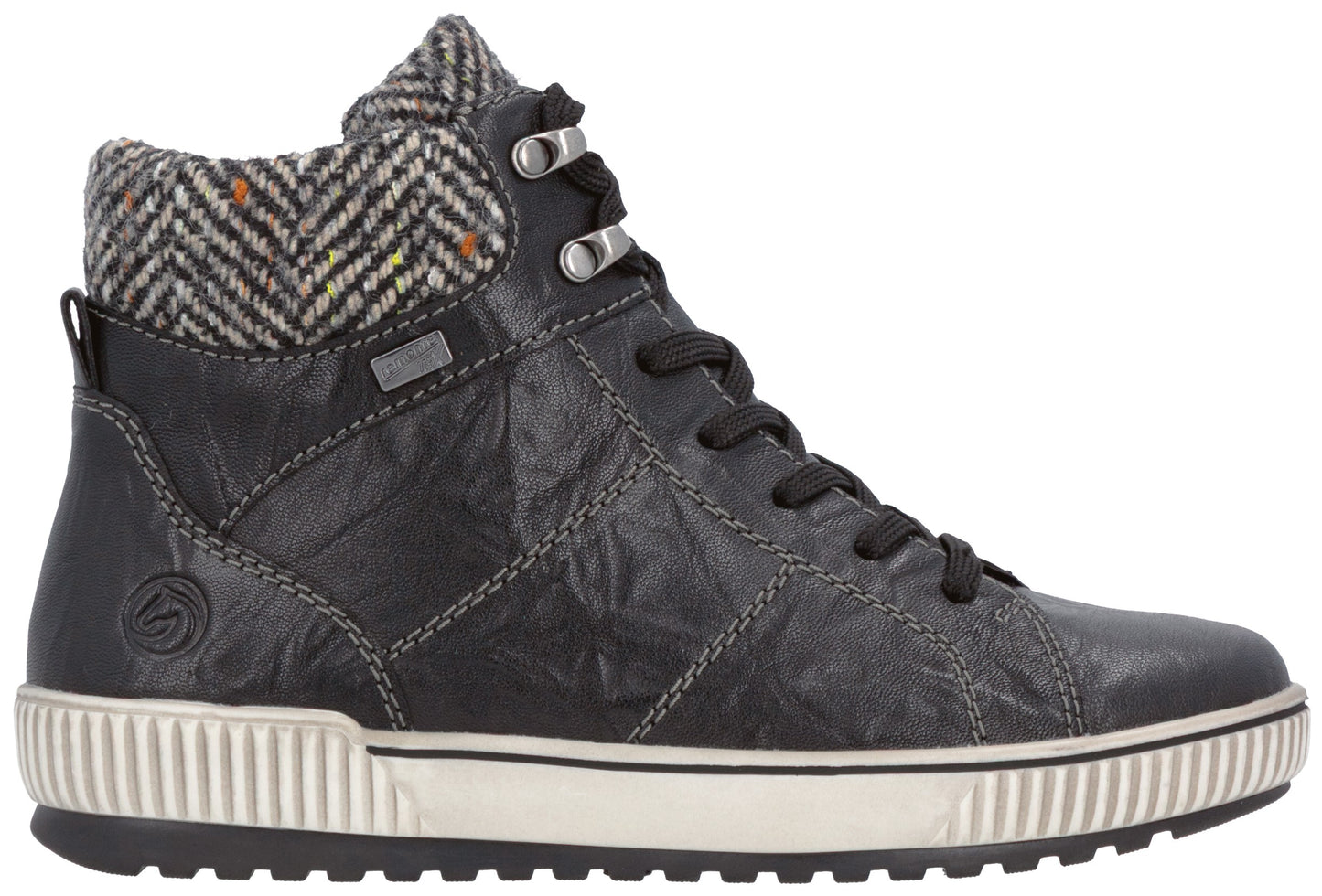 A black leather high-top sneaker with a textured herringbone patterned ankle collar, grey laces, silver eyelets, a white rubber sole with vertical ridges, and a small grey tag on the side, displayed in profile against a plain background.