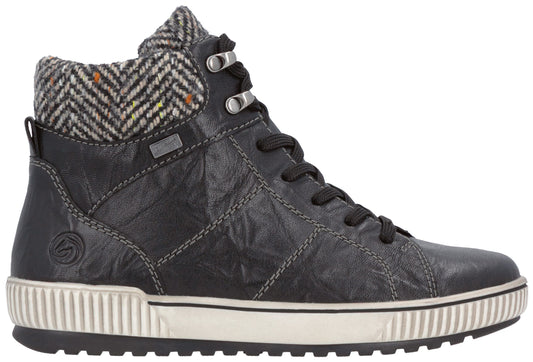 A black leather high-top sneaker with a textured herringbone patterned ankle collar, grey laces, silver eyelets, a white rubber sole with vertical ridges, and a small grey tag on the side, displayed in profile against a plain background.